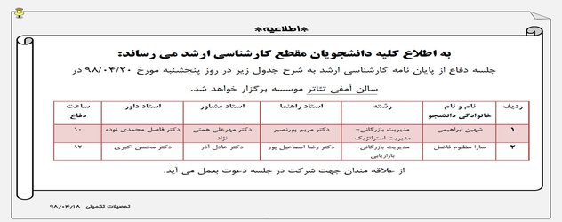 اطلاعیه برگزاری جلسه دفاع در روز پنجشنبه مورخ ۲۰ تیر۹۸