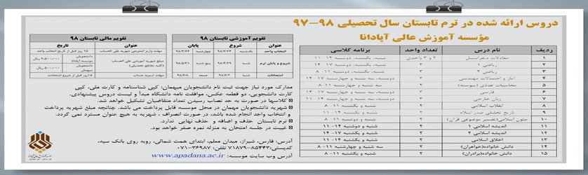 دروس ارائه شده در ترم تابستان سال تحصیلی ۹۸-۹۷ موسسه آموزش عالی آپادانا