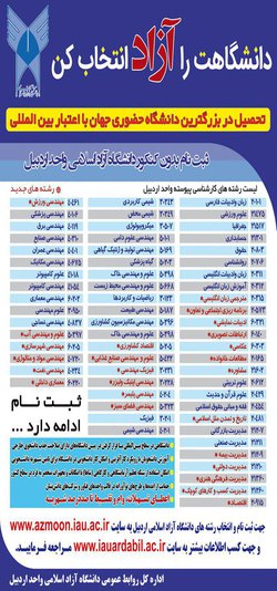 لیست کامل رشته های کارشناسی پیوسته دانشگاه آزاد اسلامی اردبیل با ثبت نام بدون آزمون (بر اساس سوابق تحصیلی)