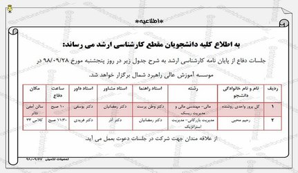 اطلاعیه برگزاری جلسات دفاع از پایان نامه کارشناسی ارشد در روز پنجشنبه مورخ ۲۸ آذر ۹۸