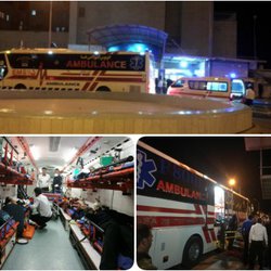 امدادرسانی اورژانس115فسا به 14 مصدوم تصادف اتوبوس با خودروهای پژو پارس و پژو206 در محور فسا-شیراز/اعزام اتوبوس آمبولانس و دو آمبولانس به محل حادثه و انتقال مصدومین به بیمارستان حضرت ولیعصر(عج)