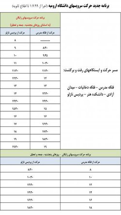 برنامه جدید حرکت سرویسهای دانشگاه ارومیه (اجرا از ۹۹/۷/۱ تا اطلاع ثانویه)