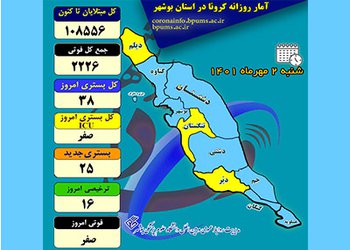 رئیس دانشگاه علوم پزشکی بوشهر:
۳۸ بیمار در بخش‌های کرونایی استان بوشهر بستری هستند / تغییر رنگ کرونایی دو شهرستان گناوه و تنگستان
