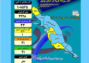 رئیس دانشگاه علوم پزشکی بوشهر:
۳۳ بیمار در بخش‌های کرونایی استان بوشهر بستری هستند/ ثبت روز بدون فوتی کرونا
