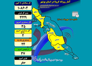 رئیس دانشگاه علوم پزشکی بوشهر:
۳۵ بیمار در بخش‌های کرونایی استان بوشهر بستری هستند
