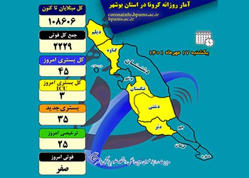 رئیس دانشگاه علوم پزشکی بوشهر:
۴۵ بیمار در بخش‌های کرونایی استان بوشهر بستری هستند