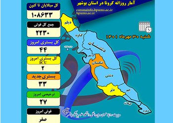 رئیس دانشگاه علوم پزشکی بوشهر:
بازگشت رنگ نارنجی کرونایی به نقشه استان بوشهر/ ۴۴ بیمار در بخش‌های کرونایی استان بوشهر بستری هستند
