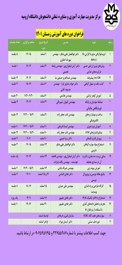 فراخوان دوره های آموزشی و مهارتی زمستانه مرکز مدیریت مهارت آموزی و مشاوره شغلی دانشجویان دانشگاه ارومیه