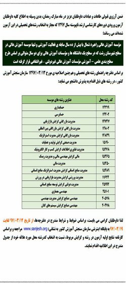 قابل توجه کلیه داوطلبان ورودی دوره های کارشناسی ارشد ناپیوسته سال ۹۷