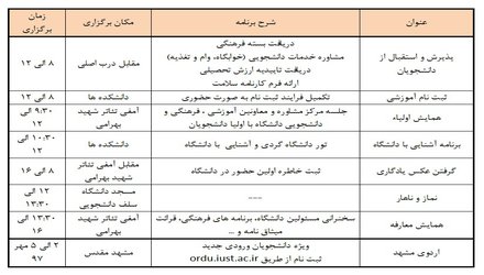 اعلام برنامه استقبال از دانشجویان ورودی جدید کارشناسی دانشگاه