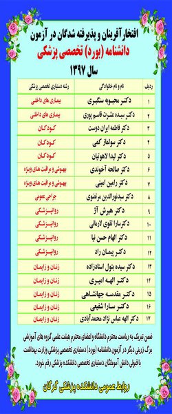 افتخارآفرینی دانش آموختگان دستیاری تخصصی دانشکده پزشکی در آزمون دانشنامه (بورد) تخصصی