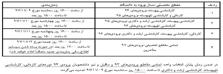 اصلاحیه شماره ۲ زمان‌بندی انتخاب واحد نیمسال دوم سال تحصیلی ۹۸-۹۷