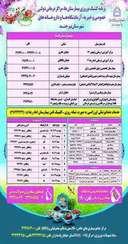 برنامه کشیک نوروزی مراکز درمانی، درمانگاه ها، آزمایشگاه ها و داروخانه ها در بیرجند - ۱۳۹۸/۰۱/۰۳